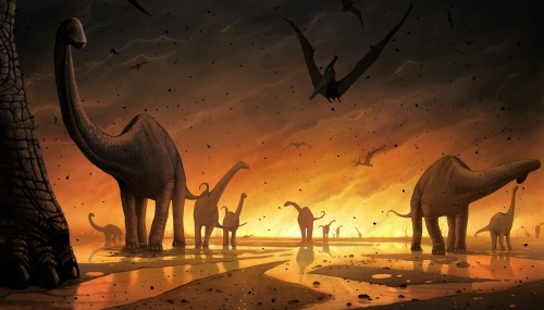 Extinction of the dinosaurs. Computer artwork of a group of dinosaurs and flying reptiles fleeing a vast fire. This may have been caused by a volcanic eruption or meteorite impact. Such events have occurred before in Earth's history, and will do so again. Both events can trigger a lowering of global temperatures as clouds of dust and ash reduce the amount of sunlight reaching the surface. Plant and then animal life dies off. The mass loss of life that included the extinction of the dinosaurs took place some 65 million years ago at the end of the Cretaceous period. The flying reptiles here are Pteranodons, and the quadraped dinosaur are sauropods called Titanosaurs.